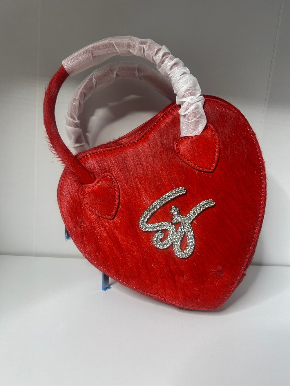Red Heart-Shaped Mini Bag with Crystal Monogram Accent